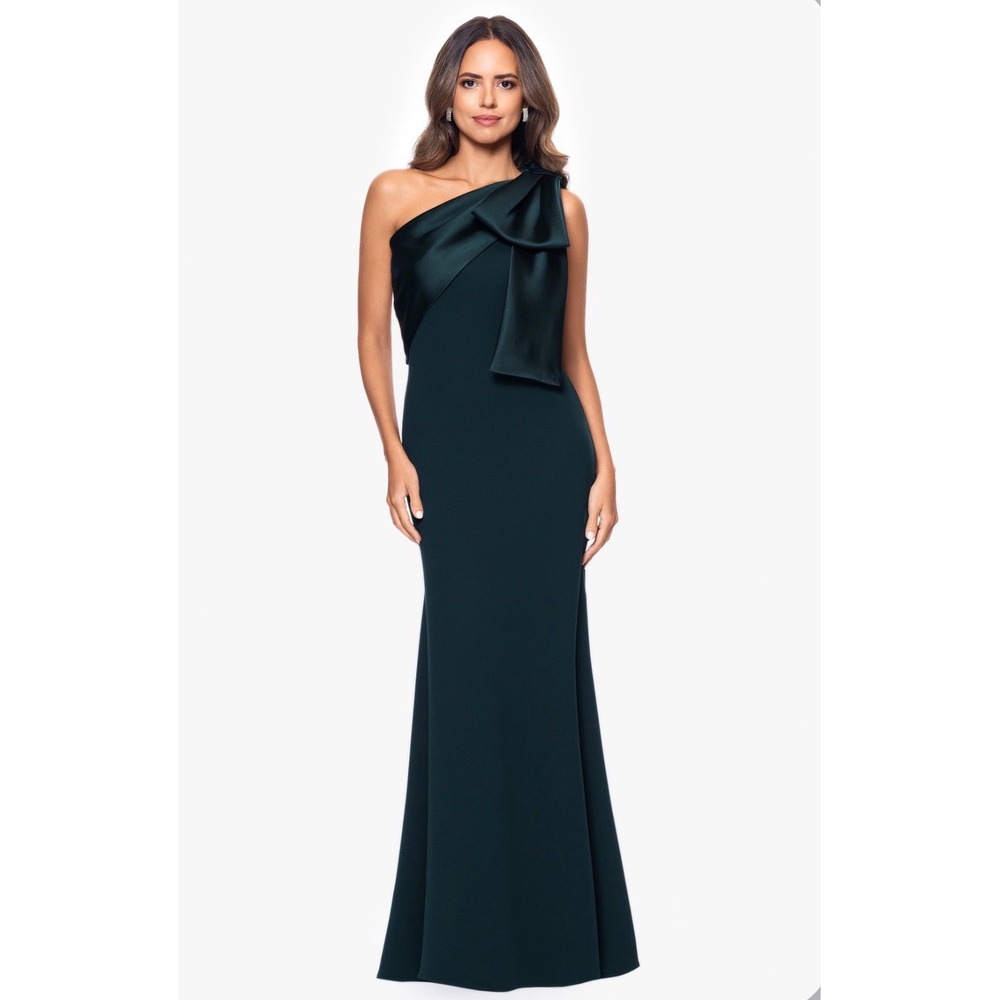 Betsy & Adam Womens One Shoulder Satin Bow Crepe Gown Hunter Green Size 12